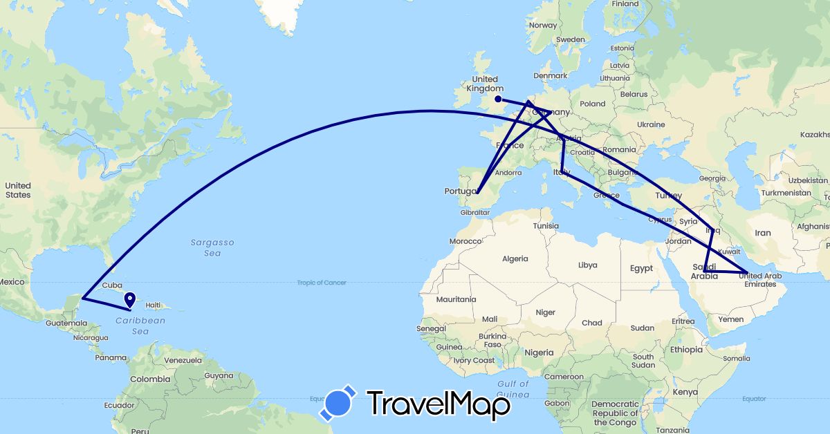 TravelMap itinerary: driving in Austria, Germany, Spain, France, United Kingdom, Greece, Iraq, Italy, Jamaica, Mexico, Netherlands, Qatar, Saudi Arabia (Asia, Europe, North America)